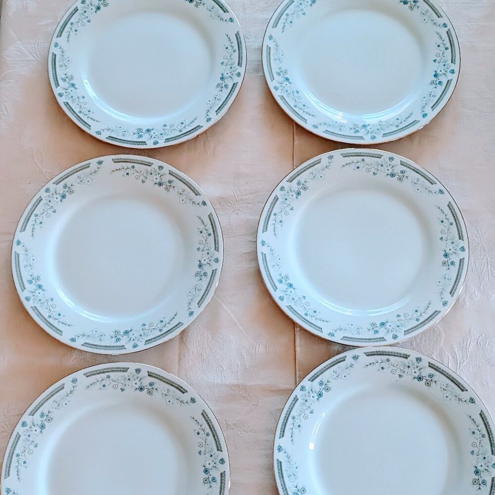 VTG Set of 6 Robin CX877 Dinner Plates 10" Fine China Blue Floral Gold Trim